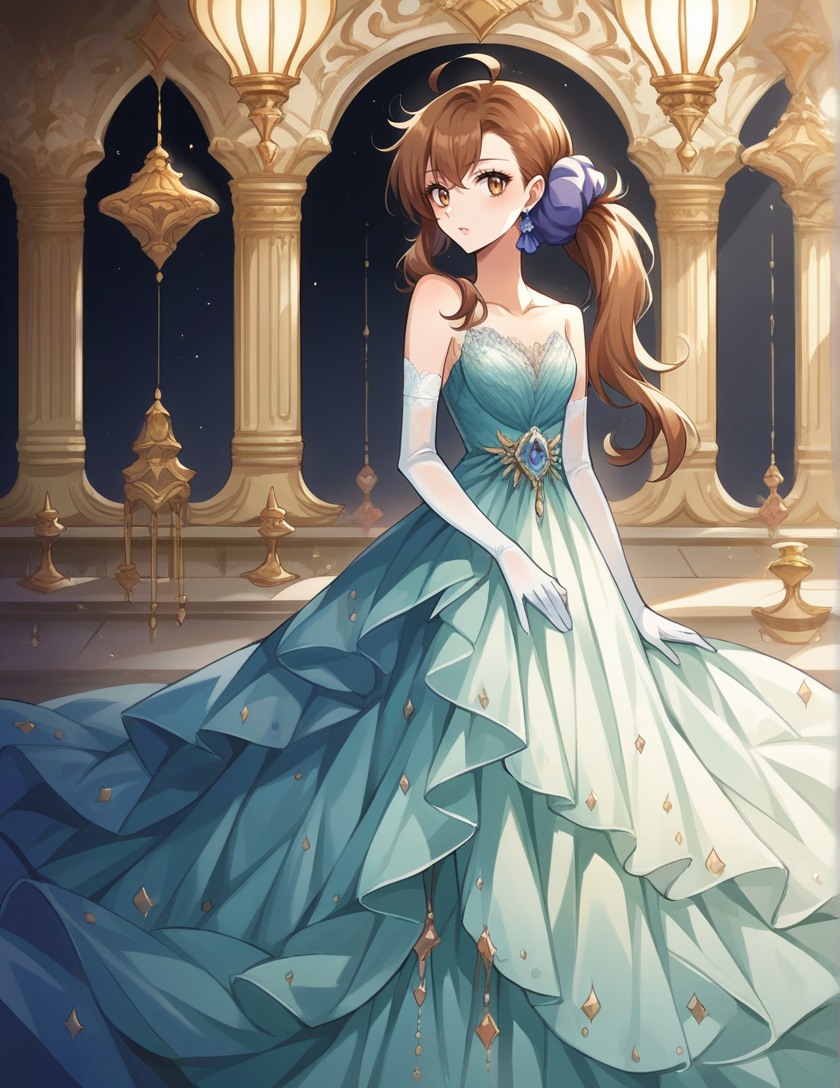 score_9, score_8_up, source_anime,<lora:wrenchelegadomepnyxlb2-000005:1.0>,wrenchelegadome, evening gown, elbow gloves, see-through gloves,  <lora:[P]Onodera Haru_v1:1.0> deraharu, ahoge, side ponytail, hair scrunchie,