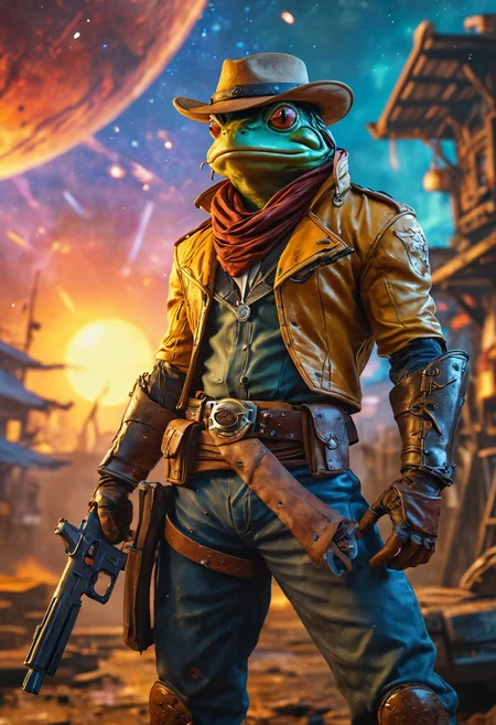 A mysterious Frog from Street Fighter game in cowboy uniform and brown cowboy hat and revolver gun with his belt from wild west, in post-apocalyptic design  designed with a high level of detail and a glossy, almost hyper realistic quality, typical of fantasy art. gorgeous model, reflective, shiny. realistic. shiny day, sun, stripe of light touching, standing against a backdrop of a Saturn planet and nebulas, epic masterpiece, cinematic experience, Cyberpunk 2077 8k, fantasy digital art, HDR, UHD. This contrast between the fantastical character and the more traditional color scheme and elements gives the piece an intriguing narrative quality. Model Is looking at camera. <lora:add-detail-xl:1>  <lora:MJ52:0.5>