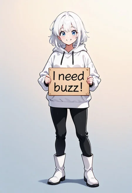 masterpiece, need_buzz, holding sign, anime, 1girl, white hair, blue eyes, smiling, white hoodie, black pants, white boots, gradient background