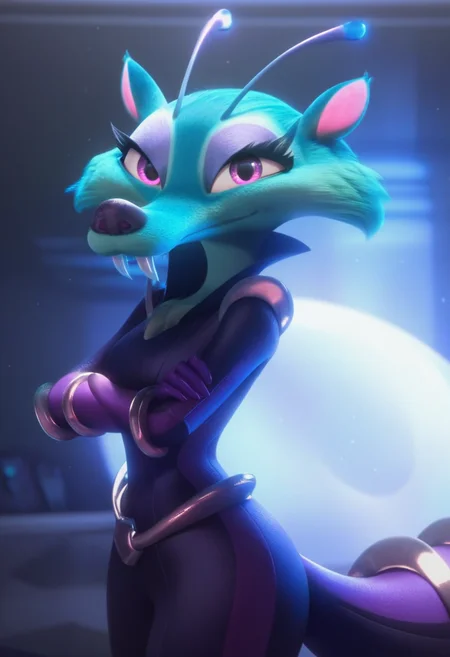 zPDXL, score_9,score_8_up,score_7_up,_up,source_cartoon, best quality, amazing quality, masterpiece, 1girl, looking at viewer, solo, indoor, space ship, futuristic, fullbody, scratazon, antennae, purple eyes, bluish-turquoise fur, bodysuit, tail, fangs,   <lora:Scratazon:1>