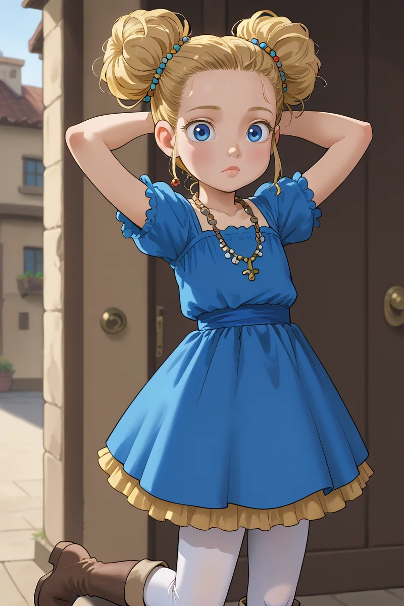 <lora:Goldilocks:0.8>
1girl, solo, young, female child, goldilocks, blonde hair, blue eyes, hair buns, hair ornaments, necklace, pretty, cute, flat chest,
confused, looking at viewer, blue dress, skirt, boots, leggings, hands behind head,
<lora:Jabstyle_AMXLV1:1>
