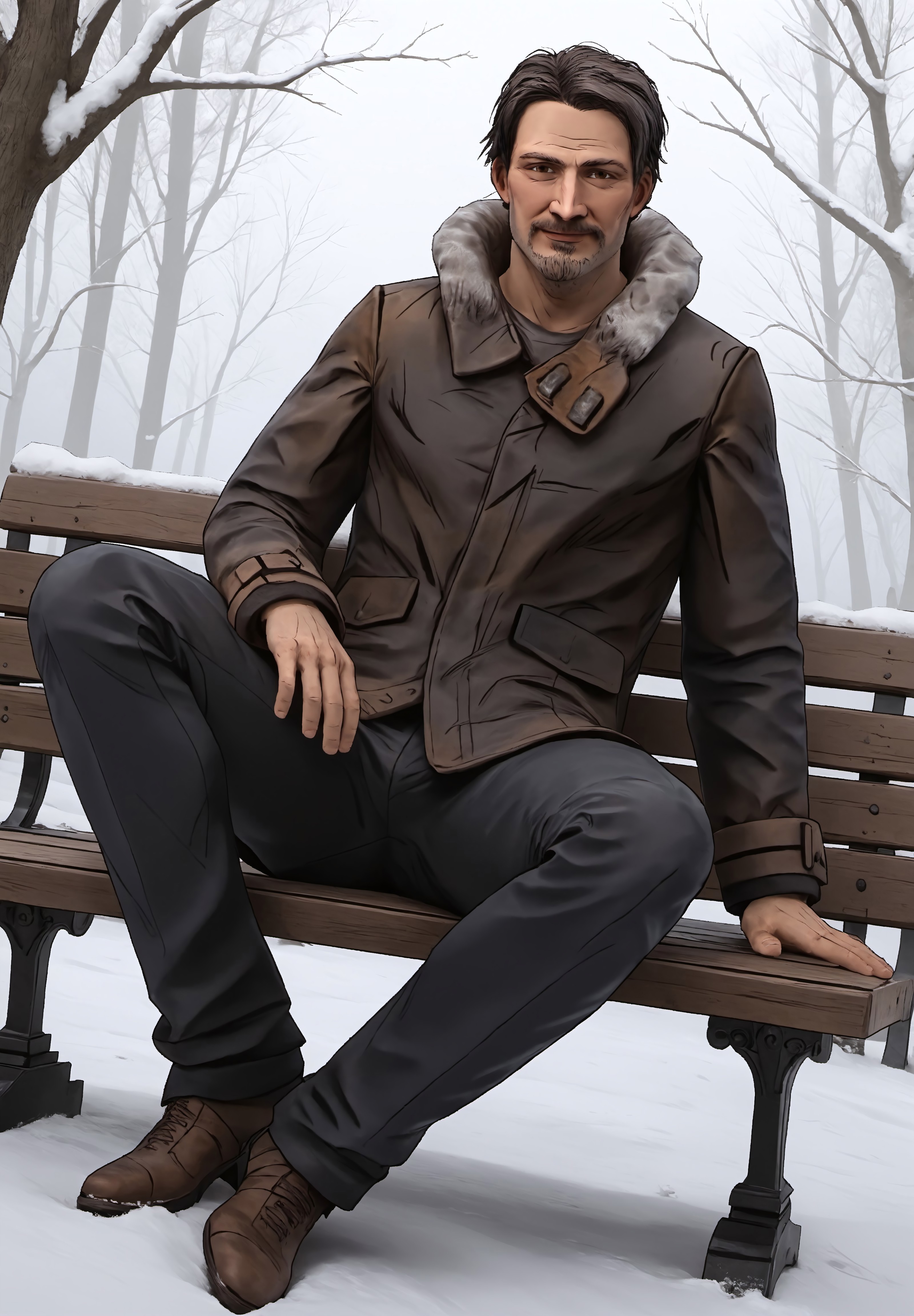 safe_pos, safe_pos, safe_pos, score_9, score_8_up, rating_nsfw, ultra hd, absurdres, best quality, masterpiece, masculine, solo, 1male, male focus, best anatomy, best eyes, best hands, sexiest man alive, erotic, gay porn, hand with five fingers, mature male,

TWDGCarver, TWDGCarverHair, TWDGCarverFacialHair, brown eyes, facial hair, coat, looking at viewer, laying down, sitting on bench, manspreading, full body angle, dutch angle, full body, winter background, smiling, best lighting, perfect aesthetic, Expressiveh