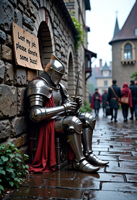 A picture of a knight in full medieval armor sitting against a castle wall holding a cardboard sign that reads "Lost my job, please donate some buzz!" It is wet and miserable outside, and the mood is depressing. Medieval townsfolk walk past the knight as he sits there begging for buzz. mythp0rt