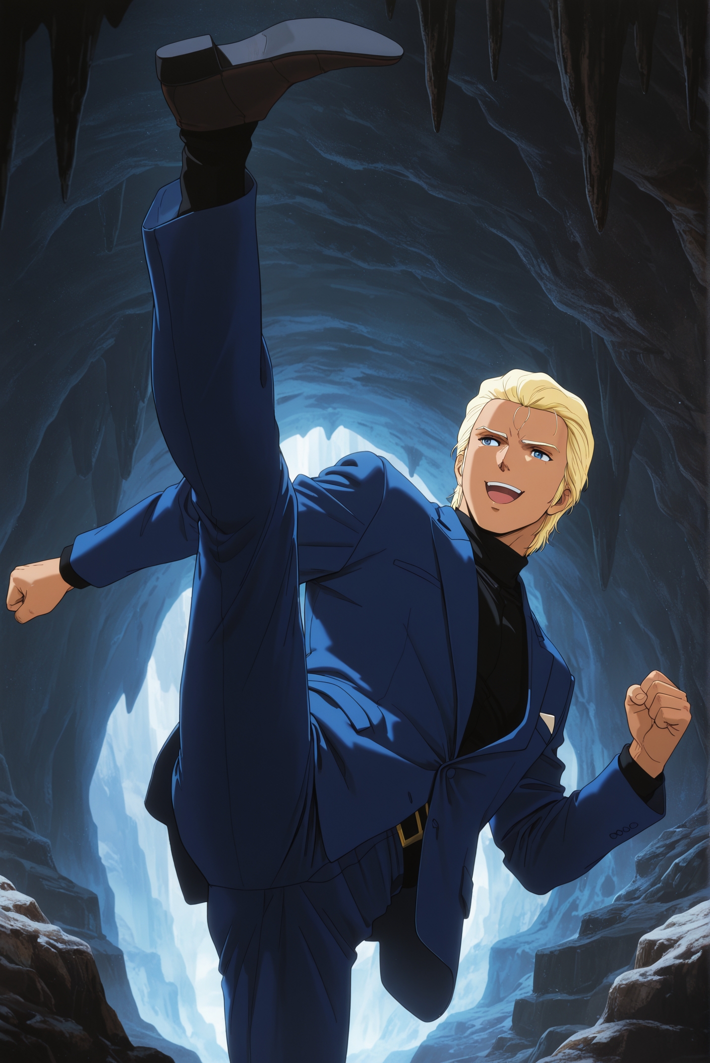masterpiece, best quality, amazing quality, very aesthetic, high resolution, ultra-detailed, absurdres, newest, scenery, rendered,outdoor,cave
<lora:CCAchar_aznable _ill_v1.0:1> ccachar_aznable, 1boy, solo,formal suit,blue suits,black turtleneck shirt,(smile:1.5),open mouth,Executing a high kick,clenched hands