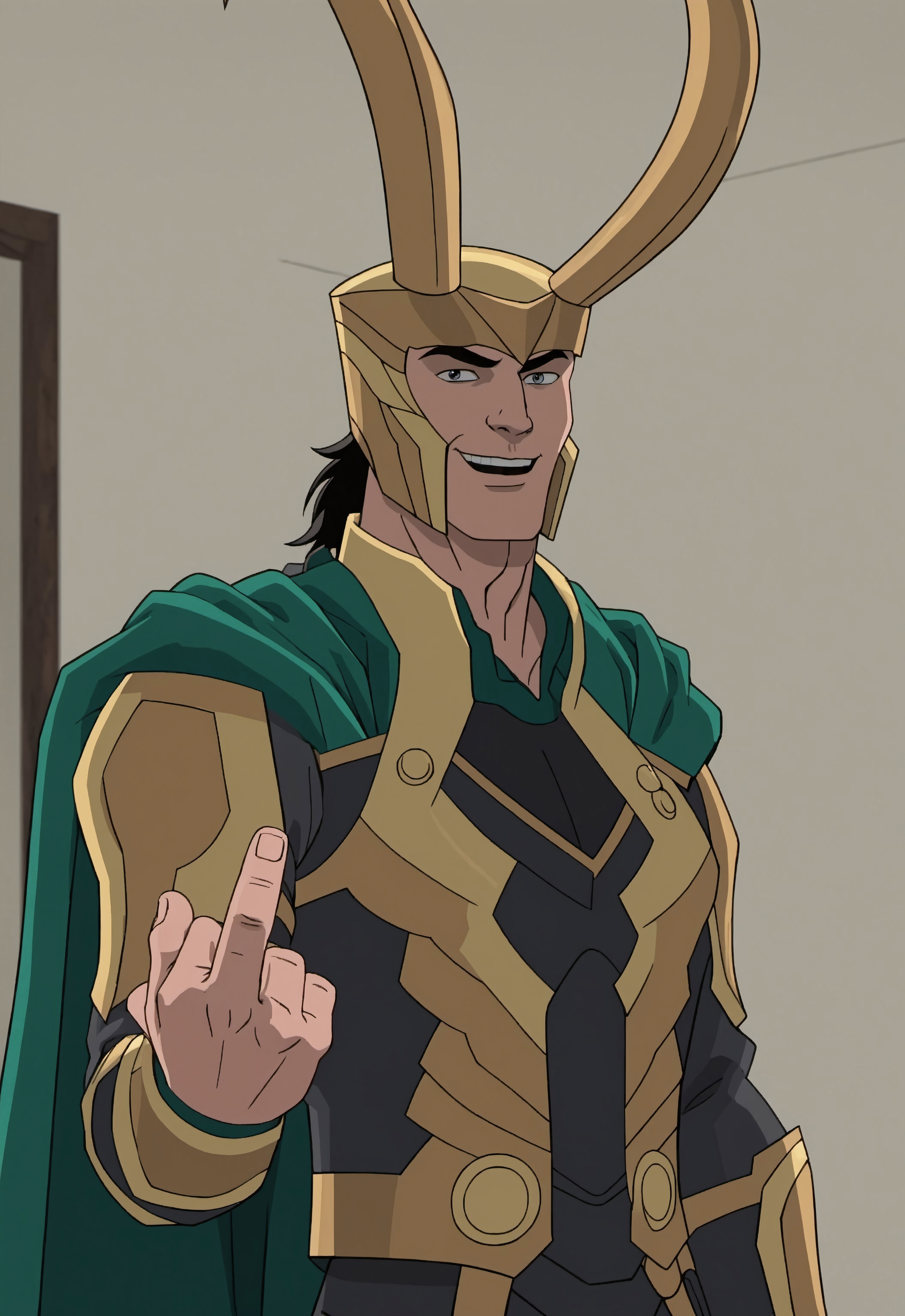safe_pos, score_9, score_8_up, rating_nsfw, source_cartoon, cartoon, screenshot from cartoon, cartoon screenshot, ultra hd, absurdres, best quality, masterpiece, masculine, solo, 1male, male focus, best anatomy, best eyes, best hands, erotic, nsfw, gay porn, MarvelALoki, horned helmet, yellow helmet, black hair, cape, armor, dutch angle, smiling at viewer, flipping middle finger, flipping the bird, middle finger, (middle_finger)