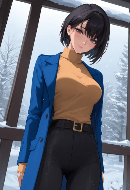 score_9, score_8_up, score_7_up, source_anime, masterpiece, 4k, high quality, (best quality:1.1), solo, 1girl, hiraguchip5, short hair, black hair, blue coat, yellow turtleneck sweater, black pants, belt, closed mouth, seductive face, standing, legs apart, from front and below, looking at viewer, blushing, shy smile, cowboy shot, winter park scenery, snow, window, night, moonlight, godrays,