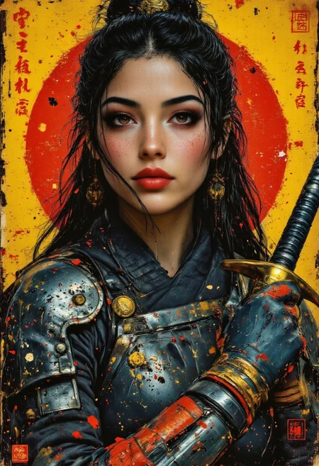 aidmafluxpro1.1 Frank Frazetta style abstract oil painting, gradient vibrant woman, dark brown hair, blue eyes, painting, stunning Caucasian female woman warrior in samurai armor, shaggy long hair blowing partly across her face, bangs, sidelocks, medium breasts, dark eyeshadow, delicate red lips, samurai helmet, very dark blue plated leather armor, vambraces, direct gaze, light hitting one side of face, abstract background suggesting an eastern templehyp3rd3tail style