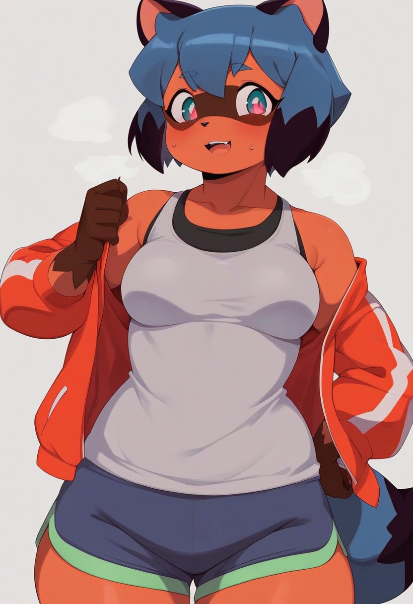 score_9, score_8_up, score_8_up, 1girl, solo, super detailed, super high resolution, fFaceDetail, sexy, cute  girl, michiru kagemori, short hair, black hair, animal ears, blue hair, multicolored hair, furry, furry female, raccoon ears, body fur, raccoon girl, raccoon tail, tail, shirt, jacket, mature female , small breasts