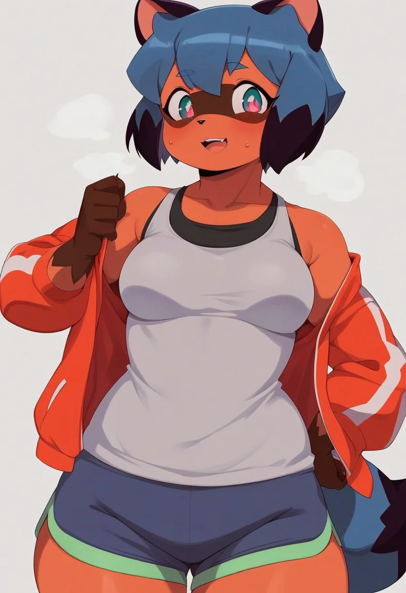 score_9, score_8_up, score_8_up, 1girl, solo, super detailed, super high resolution, fFaceDetail, sexy, cute girl, michiru kagemori, short hair, black hair, animal ears, blue hair, multicolored hair, furry, furry female, raccoon ears, body fur, raccoon girl, raccoon tail, tail, shirt, jacket, mature female , small breasts