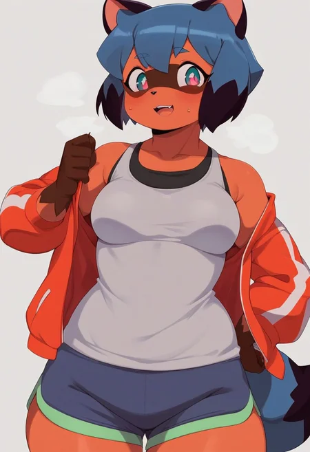 score_9, score_8_up, score_8_up, 1girl, solo, super detailed, super high resolution, fFaceDetail, sexy, cute  girl, michiru kagemori, short hair, black hair, animal ears, blue hair, multicolored hair, furry, furry female, raccoon ears, body fur, raccoon girl, raccoon tail, tail, shirt, jacket, mature female , small breasts