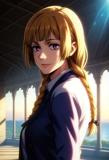 score_9, score_8_up, score_7_up, source_anime, intricate details, anime screencap, perfect balance, official art, extremely detailed CG unity 8k wallpaper, perfect lighting, Colorful, Warm_Front_face_Lighting, (masterpiece:1.0),(best_quality:1.0), ultra high res,4K,ultra-detailed, photography, 8K, HDR, highres, absurdres:1.2, Kodak portra 400, blurry background, bokeh, lens flare, (Anime) (vibrant_color:1.2), professional photograph, night, (good_face:1.2), 2d, anime, upper body, intricate iris, American, 1960s, 1970s, Professional character design, 1girl, female focus, (vibrant amethyst purple eyes), perfect eyes, (hair color: cyan hair), (Long Silky smooth hair), (pretty hair), (beautiful hair), (curtain bangs), braided hair, preppy, white dress shirt, youthful, feminine, solo, jujutsu_kaisen_style, character portrait, (perfect-lighting, lens flare), face, torso, (Kind) (Friendly) (Happy) (Sweet smile), feminine, young, (Wealthy, manor, extravagant, ornate embellishments, coastal, shore, cliff), warm sunlight, awn, (orange sunlight), (warm lighting), comfortable lighting.