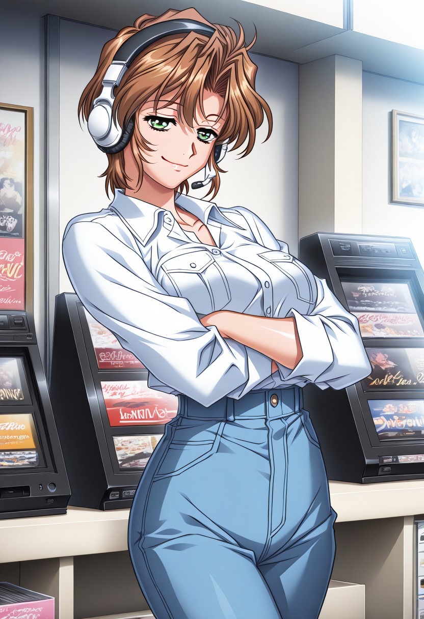 masterpiece, best quality, newest, highres, uncensored, 1girl, yokota mamoru style,1girl,
Hiizumi Hikaru,Brown Hair, Curtained Hair, Short Hair, Wavy Hair,Green Eyes,Slim
music store, browsing records, headphones, vinyl collection, nostalgic, , , crossed arms, smile, smug, solo,, cowboy shot, dutch angle