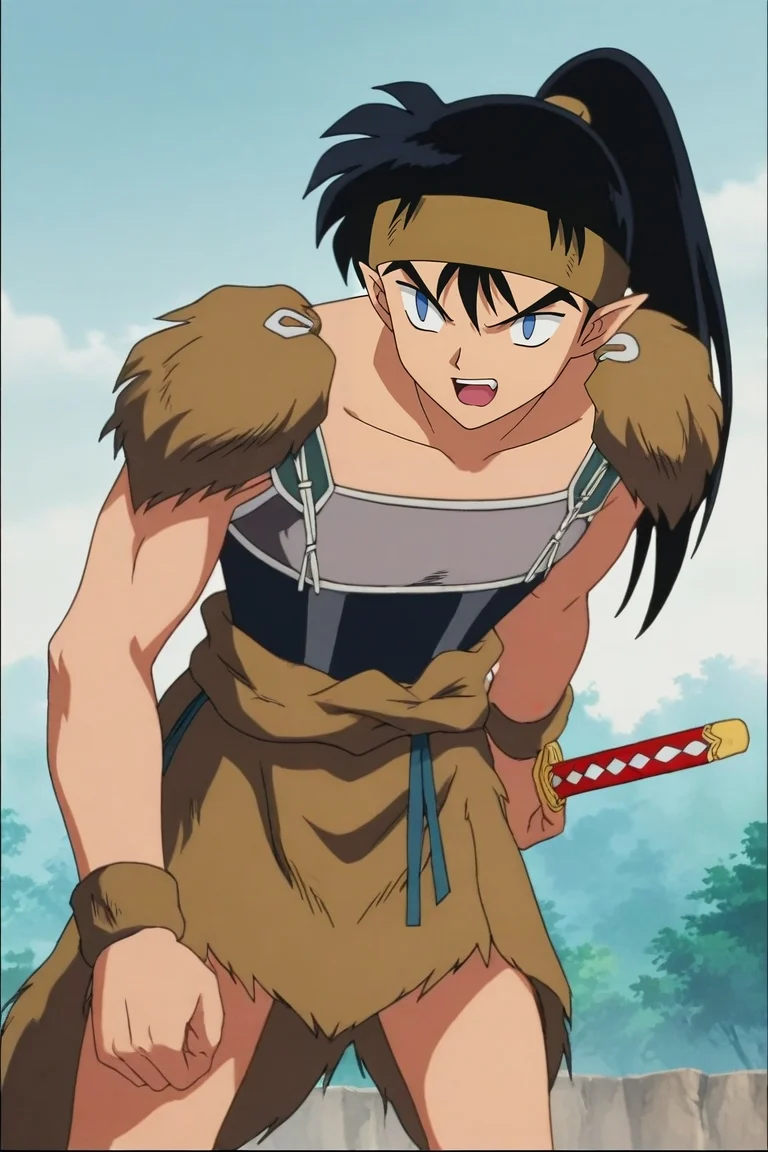 score_9, score_8_up, score_7_up, source_anime, rating_safe, , anime screencap, , official style, , , 1boy, solo, male focus, <lora:kouga_inuyasha_pony:0.84>, kouga_inuyasha, black hair, blue eyes, long hair, ponytail, pointy ears, headband, armor, sword, sheath, focused, stonehenge, dark, leaning forward, laughing, , <lora:sdxl_lightning_8step_lora:1>