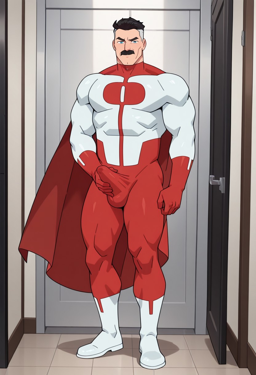 0MN1MAN, 1boy, bara, big pecs, broad shoulders, thick thighs, muscular, detailed background, perfect anatomy, masterpiece, perfect quality, best quality, detailed, newest, very aesthetic, bulge, daddy seductive smirk, blue eyes, two tone hair, undercut, mustache, black hair, mature male, superhero suit, red and white bodysuit, red gloves, white boots, cape, red leggings,  looking at viewer, daddy seductive smirk, erection under clothes, Masturbating, furrowed eyebrows