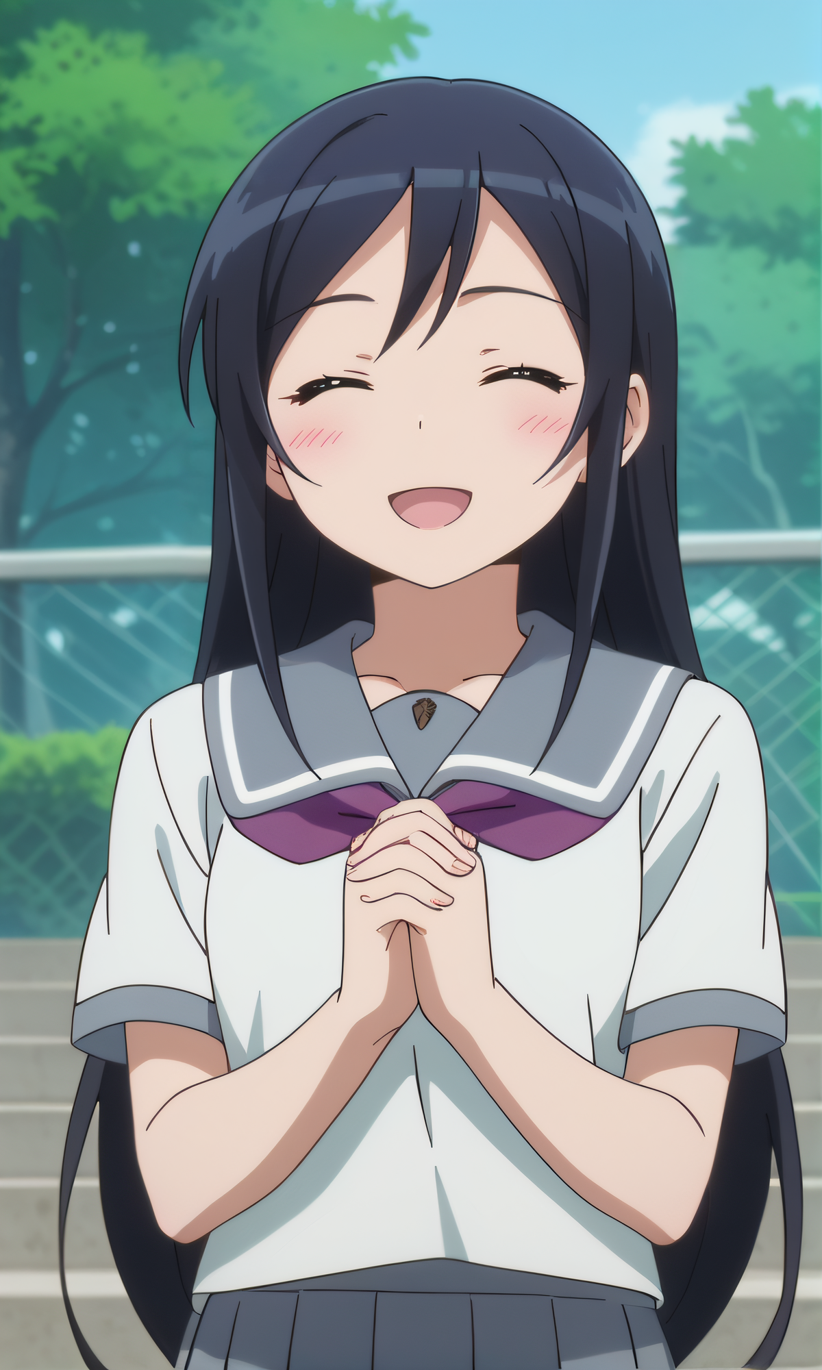 score_9, score_8_up, score_7_up, source_anime, rating_safe, intricate details, anime screencap, official style, anime coloring, 1girl, solo, <lora:Aragaki_Ayase:1>, ayase, long hair, closed eyes, school uniform, white shirt, short sleeves, purple neckerchief, grey skirt, pleated skirt, looking at viewer, smile, outdoor, cowboy shot, own hands together, five fingers, open mouth, blush