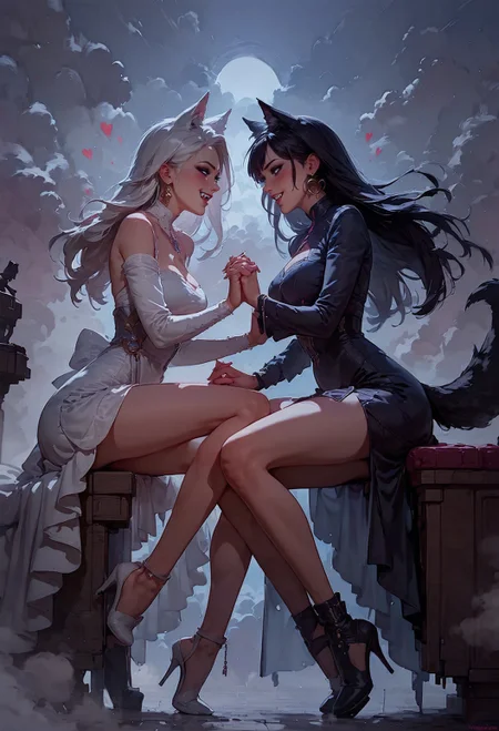 score_9, score_8_up, score_7_up,  realistic, 2girls, holding hands, full body, side view, woman, wolf girl, golden earring, blushing, black hearts, white hair, black bangs, blush, black theme, fangs, smirk, intimidating, white scaled dress, high heels, sexy, thighs, storm clouds, (fog:1.2)  <lora:pony/twilight_style:0.8> <lora:pony/expressiveh:0.8> expressiveh <lora:sdxl/princess_xl_v2:0.7> <lora:sdxl/sinfully_stylish_sdxl>