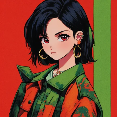 <lora:yingbo:0.9>,mn,1girl,solo,black hair,jewelry,long hair,earrings,shirt,hoop earrings,piercing,looking at viewer,upper body,simple background,collared shirt,red eyes,ear piercing,green jacket,jacket,red background,orange background,necklace,print shirt,