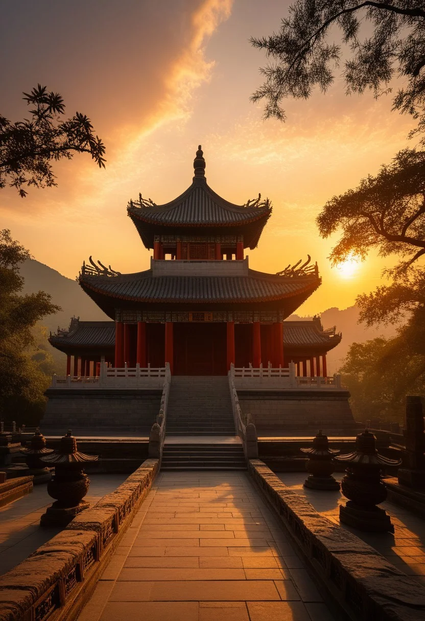 Altar and Temple Architecture: An illustrative depiction of a traditional Chinese altar or temple,a testament to China's deep-rooted cultural heritage,under the serene backdrop of a setting sun.,
The image presents a well-preserved altar or temple,a symbol of ancient Chinese architecture,standing in its full glory against the warm,golden light of the sunset. The structure,with its sweeping roof,intricate carvings,and balanced proportions,is bathed in the soft glow of the declining day,highlighting the temple's historical and spiritual significance.,
The temple's silhouette is accentuated by the sunset,creating a striking contrast between the ancient stonework and the vibrant sky. The scene evokes a sense of reverence and tranquility,encapsulating the essence of China's architectural and cultural legacy.,
This portrayal captures the timeless beauty of altar and temple architecture in China,with the sunset serving as a metaphor for the enduring spirit of Chinese tradition and the passage of time. The image conveys a deep appreciation for the artistry and craftsmanship of ancient Chinese builders,and the enduring relevance of these sacred structures in contemporary society.,