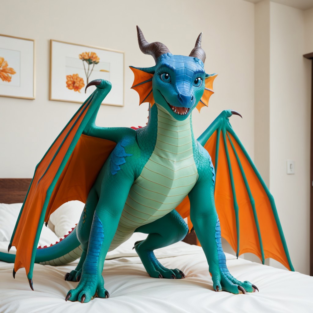 score_9, score_8_up, score_7_up, score_6_up, score_5_up, score_4_up, masterpiece, high quality, realistic, detailed, best quality, white bed, solo, rating_safe, source_furry, bedroom, smiling, happy, detailed eyes, detailed face, (looking at viewer, standing) Glory_wof, Rainwing_wof, dragon, green scales, black horns, blue face, tail, claws, orange ear frills, blue eyes, orange wings, 1girl, female, feral, spread wings