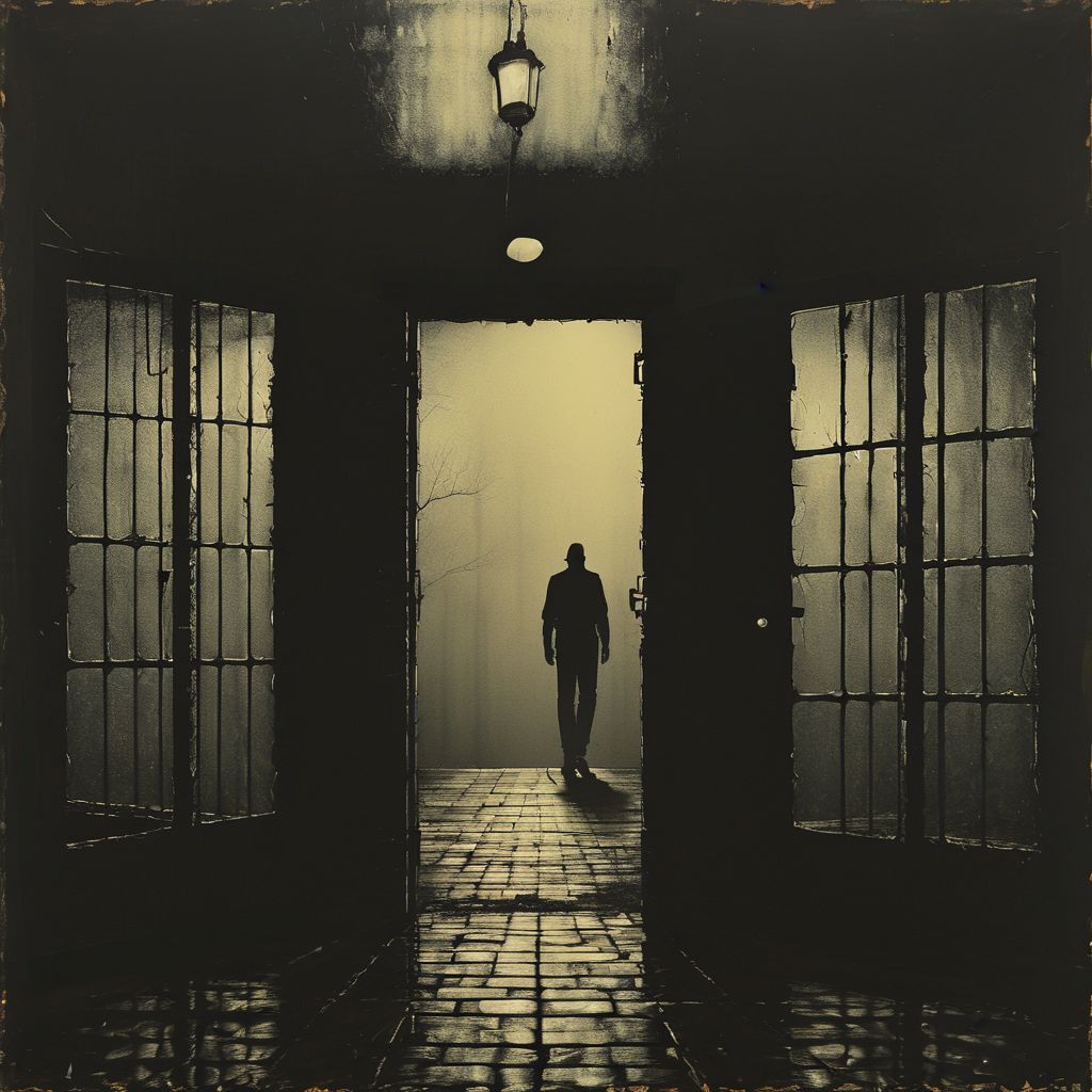 siluete, prison, landscape, doors, oriantal, techno, cell,  hope, prison, ,8k, master piece, Cinematic, Beautiful Lighting, trending on Devianart, surreal Art, Fantasy, Digital Art, Impressionistic, Surrealist,