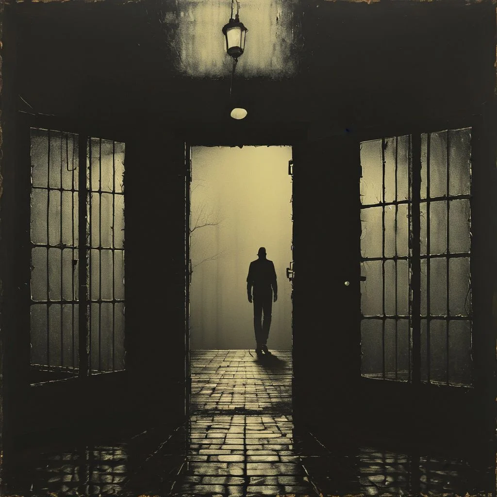 siluete, prison, landscape, doors, oriantal, techno, cell,  hope, prison, ,8k, master piece, Cinematic, Beautiful Lighting, trending on Devianart, surreal Art, Fantasy, Digital Art, Impressionistic, Surrealist,