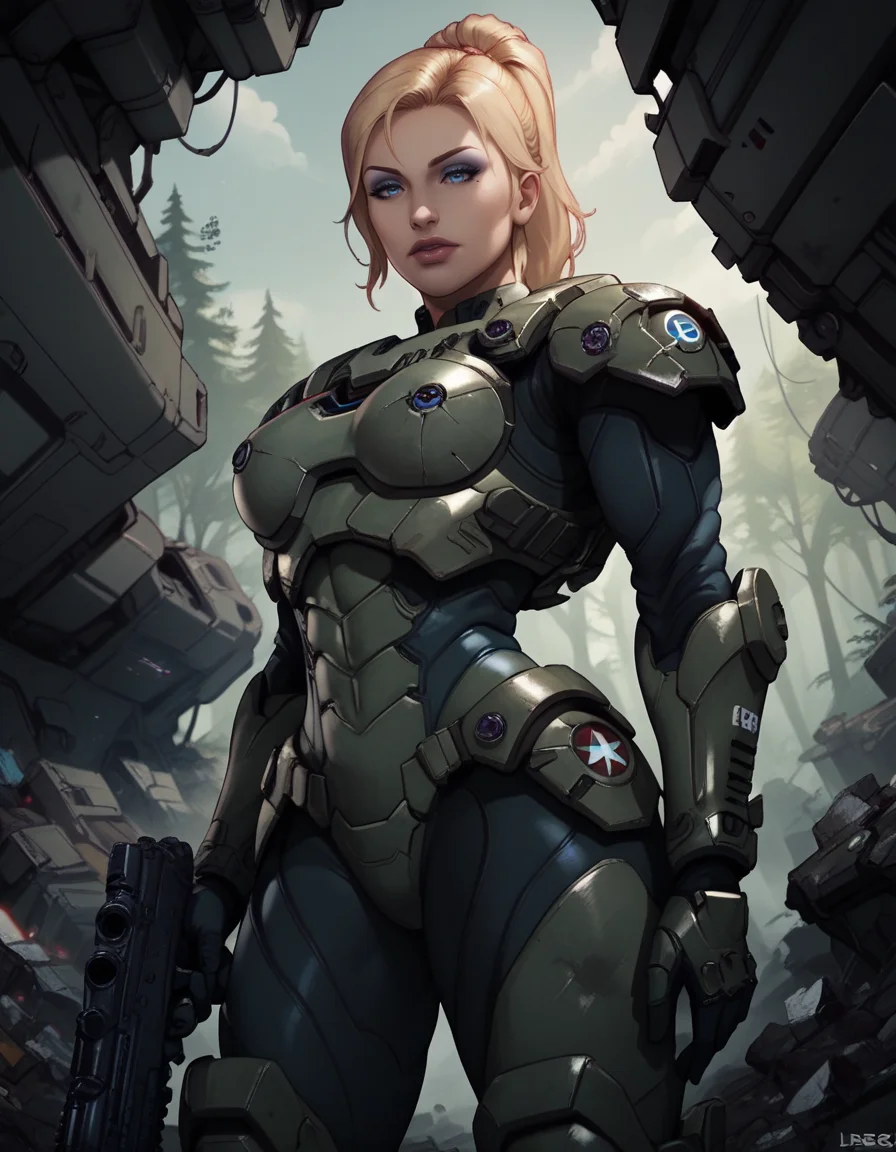score_9, score_8_up, score_7_up,
1girl, solo,
icesstdg,
blonde hair, ponytail, blue eyes, makeup, lipstick,
armor,
science fiction, forest, spacecraft, debris,
from below,
looking at viewer, half-closed eyes,
holding assault rifle,
<lora:Ice SS Troopers PXL v01-000001:0.90>