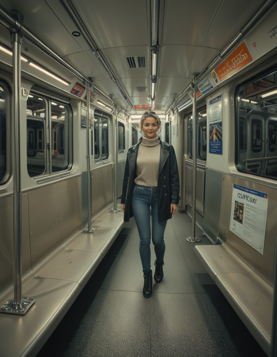 A modern subway train,Subw4y tr41n, in motion, with a single woman standing near the center of the train car, holding onto a shiny metal pole for balance as the train glides along the tracks. The woman is dressed casually yet stylishly, wearing a long black coat over a beige turtleneck sweater, paired with slim-fit jeans and ankle boots. Her hair is neatly tied back into a low bun, with a few loose strands framing her face. She has a thoughtful, calm expression, her gaze directed slightly downward as if lost in her own world. In her other hand, she holds a small tote bag, its strap looped over her wrist, with a paperback book peeking out from the top.
The subway car is clean but shows subtle signs of daily use. The walls are lined with muted gray panels, and the seats along the edges of the car are upholstered in a dark blue fabric, slightly faded from wear. Overhead, fluorescent lighting casts a bright, even glow across the interior, causing faint reflections on the polished floor, which is marked with the occasional scuff from commuters' shoes. Metal grab handles hang from above, gently swaying with the trainâs movement, and shiny steel poles are strategically placed throughout the car.
The windows on both sides reveal a blurry, motion-filled view of the dark subway tunnel, interspersed with flashes of graffiti-covered walls and dim utility lights. Above the windows, digital displays show the next stop in bright LED text, along with a route map that runs the length of the car. Small advertisements are mounted on the walls, showcasing everything from city events to product promotions, some with vibrant colors that add subtle contrast to the neutral tones of the train.
The atmosphere feels still and introspective, with the soft hum of the train and the occasional squeal of the wheels on the track. The train is sparsely occupied, with a few empty seats and subtle details like a forgotten coffee cup on one bench and a folded newspaper lying on the floor. The overall mood is quiet and reflective, capturing a moment of solitude and thoughtfulness during an ordinary subway ride.<lora:SDXLFaeTastic2400:0.4> <lora:extremely_detailed:0.4> extremely detailed, <lora:Subw4y_tr41n:1>, Masterpiece,best quality,hi res,8k,hi res,8k,award winning,(sharp focus, intricate, highly detailed),