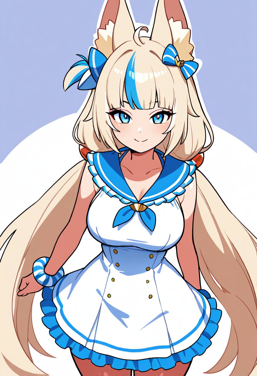 masterpiece, best quality, solo, curvy, beautiful eyes, narrow waist, wide hips, 1girl, solo, smile, looking at viewer, foreshortening, close up,    aged up, large breasts,   zzSaba, blue eyes, ahoge, animal ears, blonde hair, blue hair, multicolored hair, streaked hair, long hair, low twintails, hair bow,   sleeveless, frilled dress, blue sailor collar, sailor dress,   <lora:SamekoSaba_IXL_v1:1.0>, from above, dynamic pose, cowboy shot, smile, looking at viewer, shiny skin,