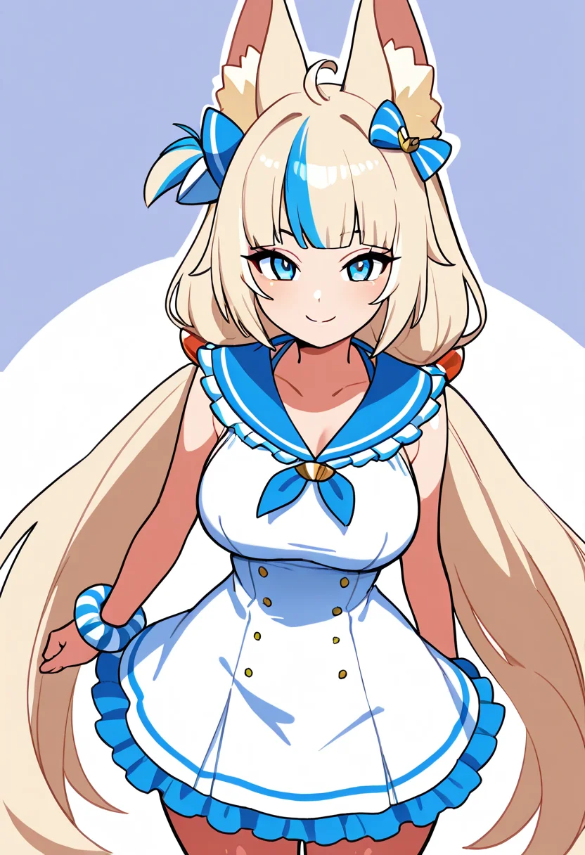 masterpiece, best quality, solo, curvy, beautiful eyes, narrow waist, wide hips, 1girl, solo, smile, looking at viewer, foreshortening, close up, aged up, large breasts, zzSaba, blue eyes, ahoge, animal ears, blonde hair, blue hair, multicolored hair, streaked hair, long hair, low twintails, hair bow, sleeveless, frilled dress, blue sailor collar, sailor dress, <lora:SamekoSaba_IXL_v1:1.0>, from above, dynamic pose, cowboy shot, smile, looking at viewer, shiny skin,