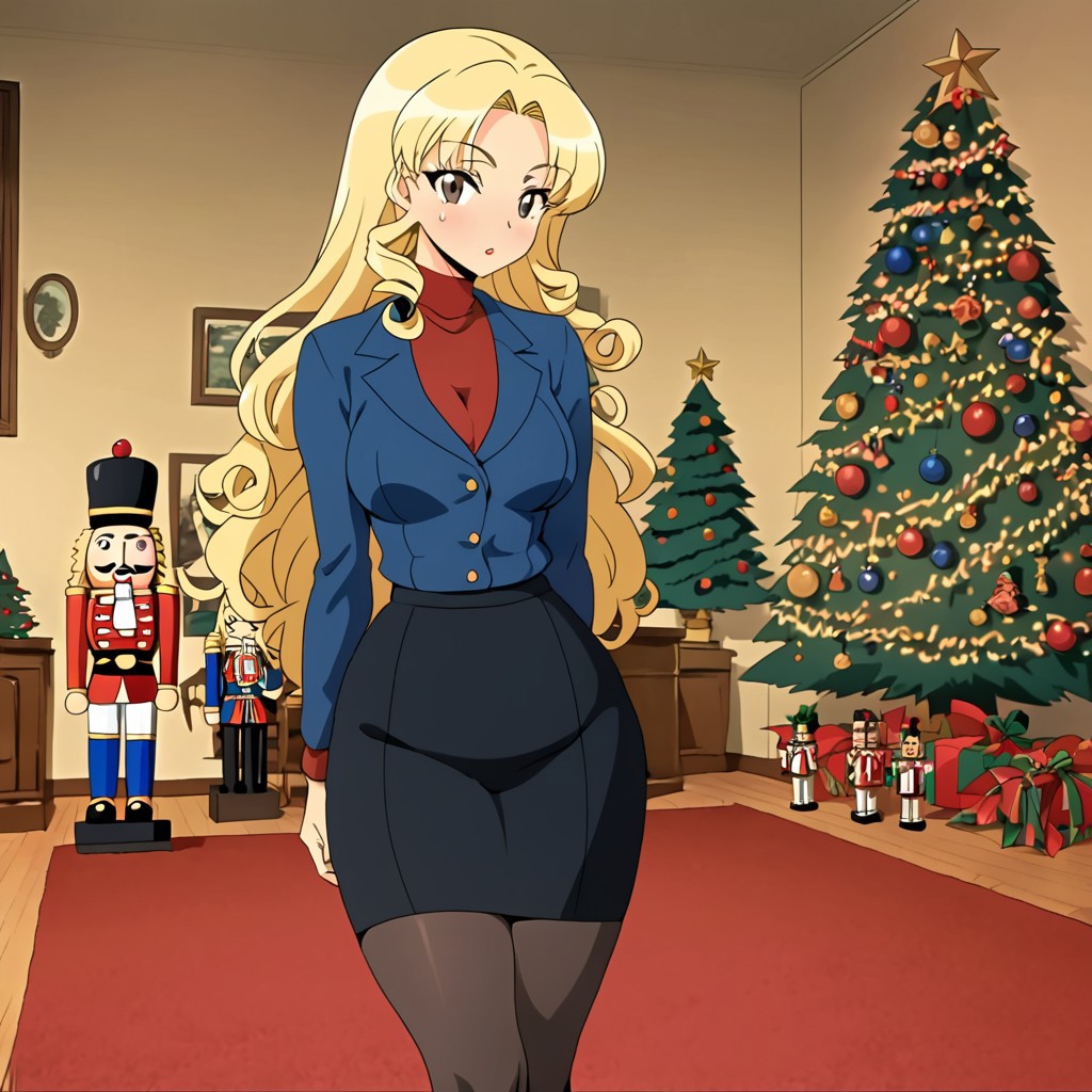 sfw, score_5_up, (best_quality:1.0), score_9, score_8_up, anime coloring, solo, medium breasts, wide hips, big hips, toned thighs, parted lips, solo, anime coloring,(brown eyes), black eyeliner, eyelashes, (long, blonde hair, long hair, curly), blush, (perfect face), milf, slender, big breasts, nutcracker, Black Pencil skirt, pantyhose, blue jacket, 1990s_(style), retro style, living room, night, christmas tree, christmas ornaments, red carpet
