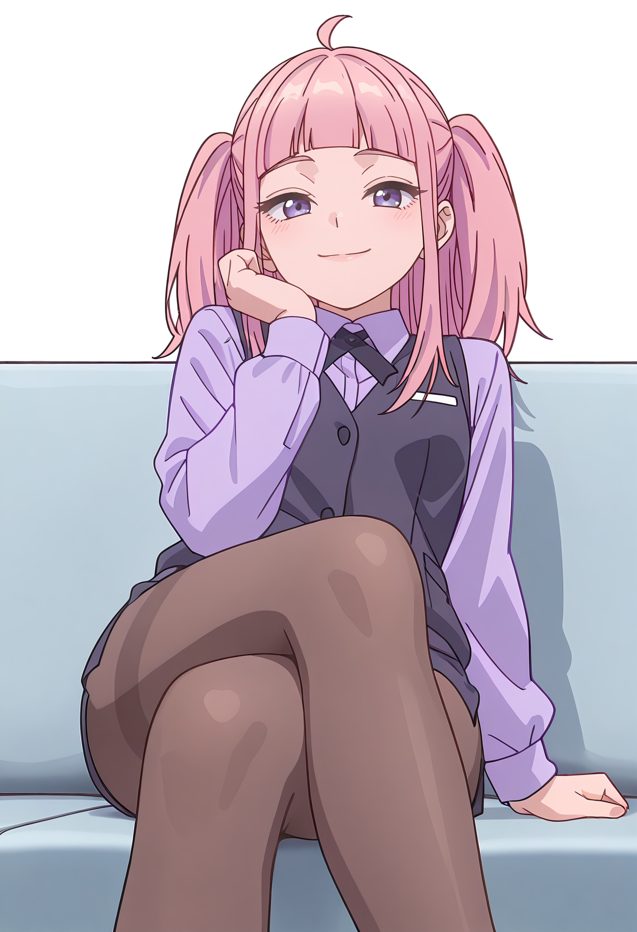 Smooth Quality,masterpiece,beautiful aesthetic, very intricate, high quality details, ultra realistic, high detailed skin,
simple background, white background, 
sad smile,from below,reclining pose, one leg crossed over the other, arm draped over backrest, calm demeanor,  ,
side slit pantyhose,,vest, 
 <lora:Fuyuki_Momokocnn:0.8> momoko/cnn, pink hair, 1girl, ahoge, purple eyes,petite,