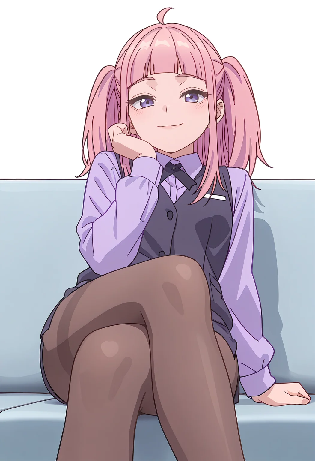 Smooth Quality,masterpiece,beautiful aesthetic, very intricate, high quality details, ultra realistic, high detailed skin,
simple background, white background,
sad smile,from below,reclining pose, one leg crossed over the other, arm draped over backrest, calm demeanor, ,
side slit pantyhose,,vest,
<lora:Fuyuki_Momokocnn:0.8> momoko/cnn, pink hair, 1girl, ahoge, purple eyes,petite,