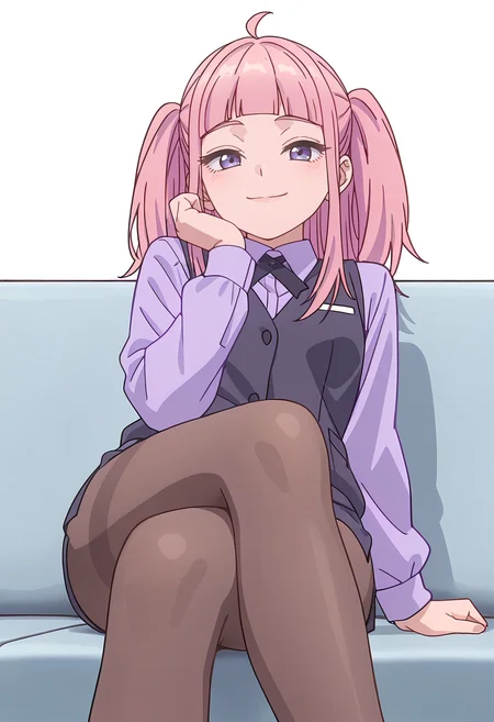Smooth Quality,masterpiece,beautiful aesthetic, very intricate, high quality details, ultra realistic, high detailed skin,
simple background, white background,
sad smile,from below,reclining pose, one leg crossed over the other, arm draped over backrest, calm demeanor, ,
side slit pantyhose,,vest,
<lora:Fuyuki_Momokocnn:0.8> momoko/cnn, pink hair, 1girl, ahoge, purple eyes,petite,