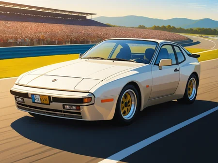 concept art anime artwork silver 80s german sport coupe car, riding on a racetrack, with stands full of people and a clear, sunny sky in the background still, epic full car shoot<lora:add-detail-xl:1>  <lora:Porsche 944 Targa - 80s german sport coupe car:1> . anime style, key visual, vibrant, studio anime, highly detailed . digital artwork, illustrative, painterly, matte painting, highly detailed