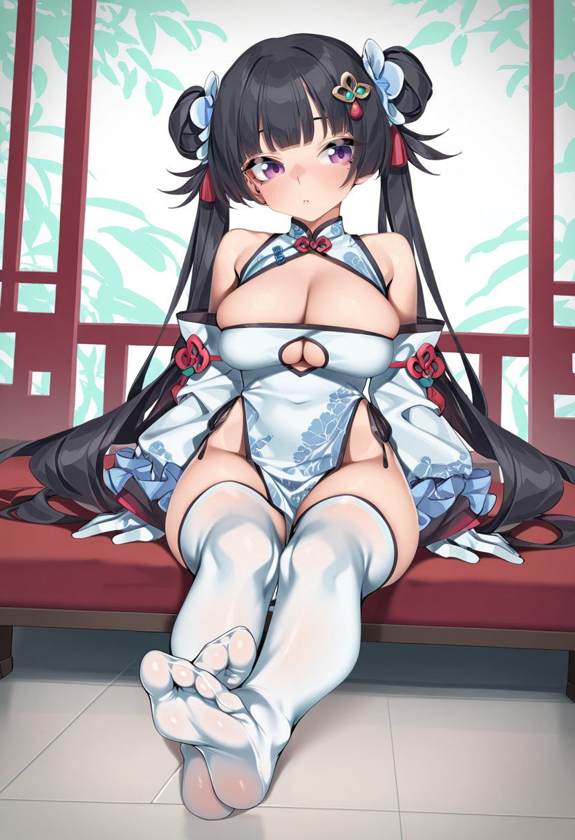 best quality,(masterpiece: 1.4), solo,  vivid colors, bright colors, absurdres, radient background, refraction,masterpiece, best quality, very aesthetic, absurdres, 1girl, solo, long hair, breasts, bangs, black hair, hair ornament, thighhighs, gloves, dress, cleavage, bare shoulders, twintails, sitting, full body, flower, detached sleeves, white gloves, blunt bangs, white dress, feet, white thighhighs, clothing cutout, no shoes, chinese clothes, cleavage cutout, china dress, pelvic curtain,  <lora:Zhao_190-000002:0.8>  zhao190,