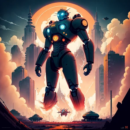 flat illustration, killer iron robot from_below from_side spaceship above explosions in the sky powerful dutch angle (AtomPunkStyleSD15:1.0)
(masterpiece:1.5) (painting:1.1) (best quality) (detailed) (intricate) (8k) (HDR) (wallpaper) (cinematic lighting) (sharp focus) <lora:flatIllustration_flatIllustration:1>