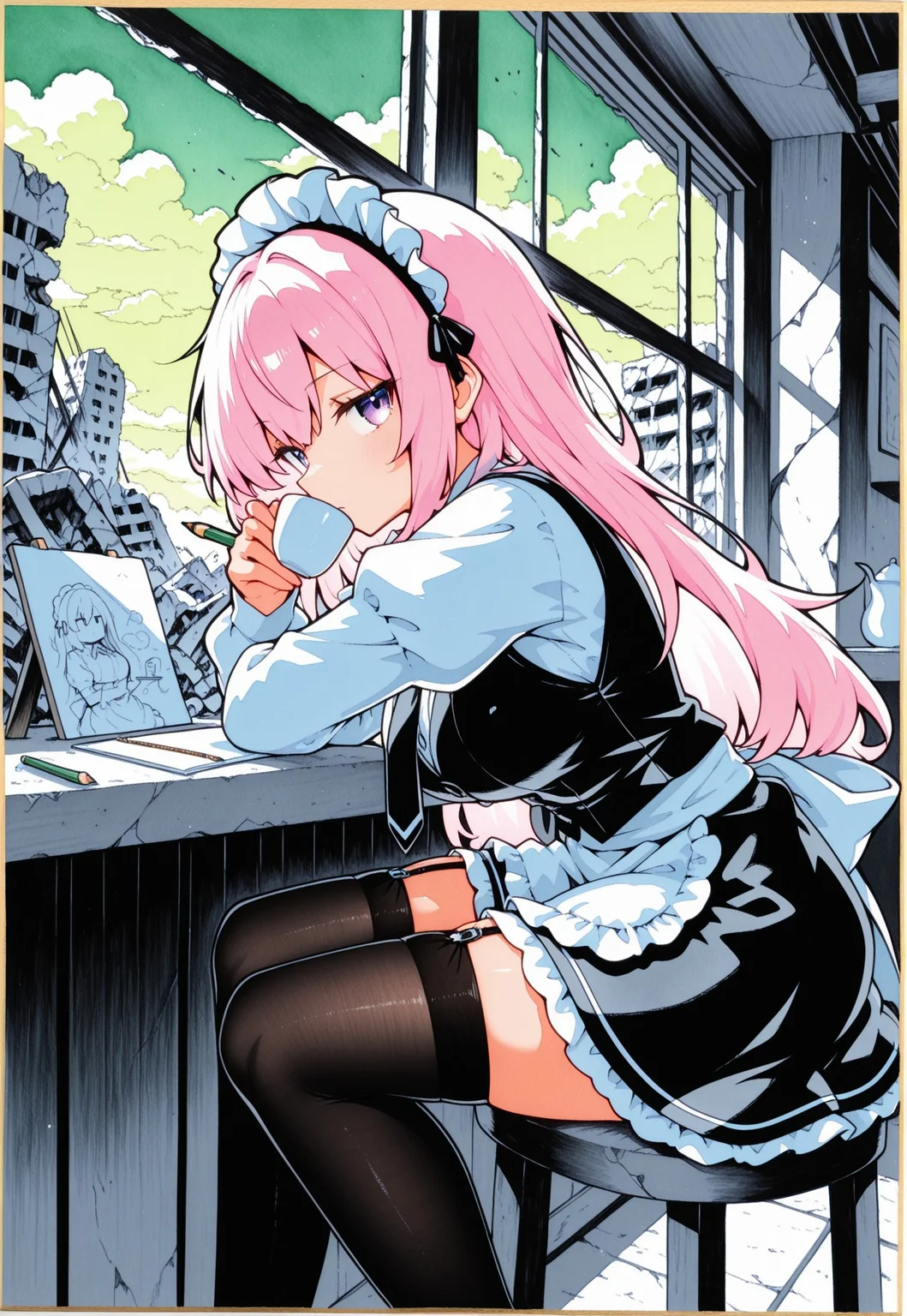 (holding_pencil, drawing, partially colored, shikishi, unfinished),
1girl, [sitting], three quarter view, armrest, [leaning], drinking coffee, sideways glance, jitome,
CivChan, purple eyes, pink hair, waitress, vest, necktie, zettai_ryouiki, garter straps, black stockings, fine fabric emphasis,
(hamada_yoshikazu:0.8, qqqrinkappp:0.5),
filled composition, cafe, indoors, looking outside, destruction, post-apocalypse, ruins, cloudy green sky,
masterpiece, best quality, absurdres,
