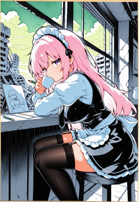(holding_pencil, drawing, partially colored, shikishi, unfinished),
1girl, [sitting], three quarter view, armrest, [leaning], drinking coffee, sideways glance, jitome,
CivChan, purple eyes, pink hair, waitress, vest, necktie, zettai_ryouiki, garter straps, black stockings, fine fabric emphasis,
(hamada_yoshikazu:0.8, qqqrinkappp:0.5),
filled composition, cafe, indoors, looking outside, destruction, post-apocalypse, ruins, cloudy green sky,
masterpiece, best quality, absurdres,