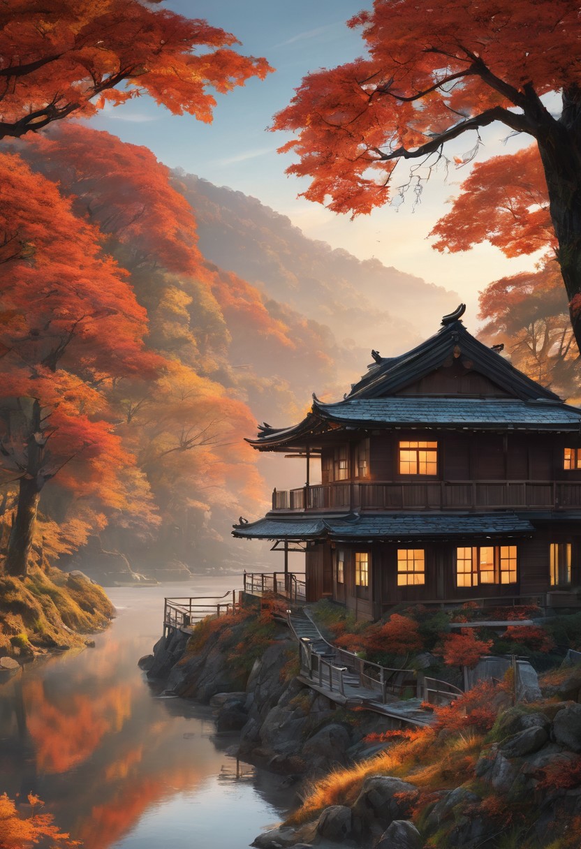 Breathtaking views, nostalgia, detailed landscape, captivating, a harmony of nostalgia and innovation, great lighting, Nature, autumn leaves, fall, forests, rural townscapes, gassho-style houses, Scenery that blends Meiji and modern times, sunset, sunset light, beautiful rivers, double exposure, beautiful view, mysterious glow, beautiful clouds, depth of field, masterpiece, best quality, 8k, ultra-detailed, very aesthetic, illustration, superb composition, finest details, , intricate details, absurdres, high contrast, RAW, concept art,