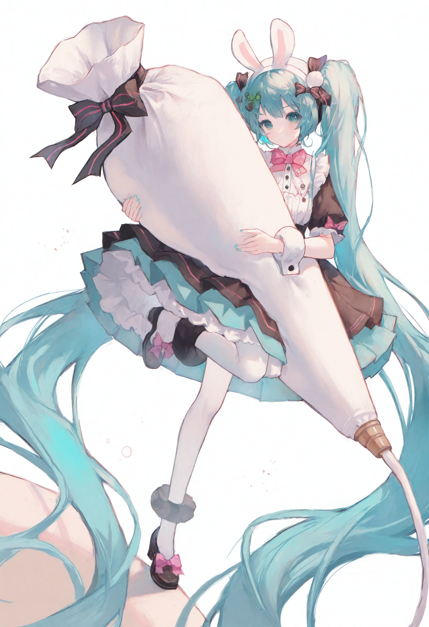 <lora:match2_noob1.1-000190:1>,
1girl, hatsune miku, solo, long hair, pastry bag, twintails, very long hair, holding, animal ears, full body, bow, rabbit ears, hair ornament, white pantyhose, looking at viewer, standing on one leg, dress, pantyhose, oversized object, absurdly long hair, black footwear, skirt, standing, aqua hair, simple background, white background, pink bow, aqua eyes, bowtie, fake animal ears, puffy sleeves, leg up, closed mouth, frills, blue hair, black bow, hair bow, food, clover hair ornament, short sleeves, pleated skirt, wrist cuffs, shoes,
masterpiece,best quality,newest,absurdres,highres,very awa,