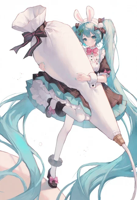 <lora:match2_noob1.1-000190:1>,
1girl, hatsune miku, solo, long hair, pastry bag, twintails, very long hair, holding, animal ears, full body, bow, rabbit ears, hair ornament, white pantyhose, looking at viewer, standing on one leg, dress, pantyhose, oversized object, absurdly long hair, black footwear, skirt, standing, aqua hair, simple background, white background, pink bow, aqua eyes, bowtie, fake animal ears, puffy sleeves, leg up, closed mouth, frills, blue hair, black bow, hair bow, food, clover hair ornament, short sleeves, pleated skirt, wrist cuffs, shoes,
masterpiece,best quality,newest,absurdres,highres,very awa,