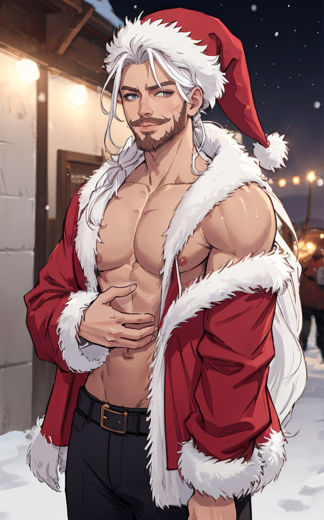 CONCEPT_CHR_SantaClause_ownwaifu, smile, 
1boy, blue eyes, white hair, long hair, very long hair, beard, facial hair, mature male, mustache, old man, santa hat, bare pectorals, large pectorals, muscular male,  abs, nipples, manly,  bara, 
fur trim, fur-trimmed jacket, santa costume, open clothes, red jacket, off shoulder, 
<lora:CONCEPT_CHR_SantaClause_ownwaifu:0.7>,
 christmas, snow, christmas ornaments, 
((masterpiece)),((best quality)),(highres), bokeh, depth_of_field, scenery, spotlight, focused, looking at viewer, solo, cowboy shot,