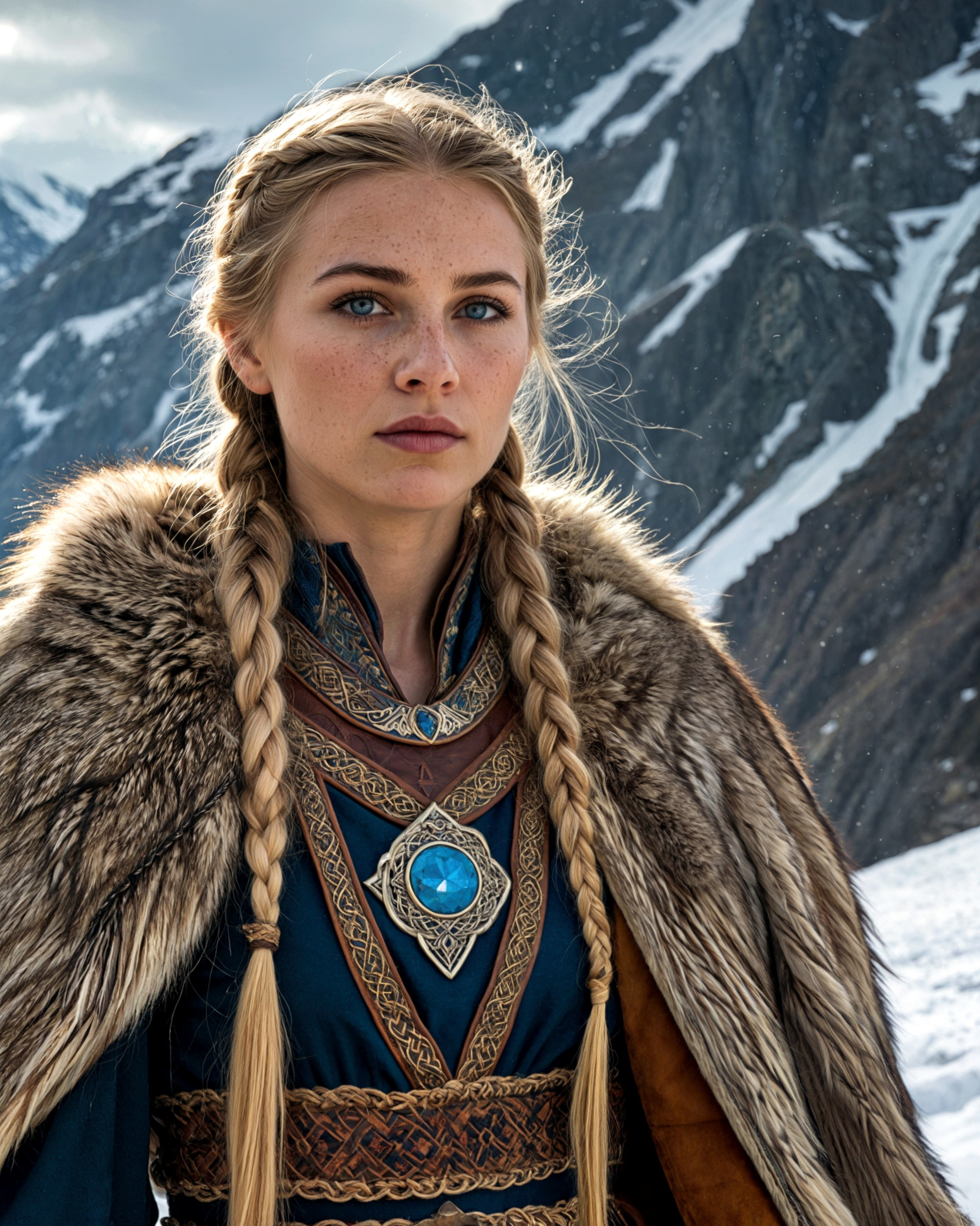 A majestic and striking cinematic portrait of a Norse woman standing tall in a snow-covered mountain pass under a crisp blue sky. She gazes directly at the viewer with fierce intensity and quiet confidence, her icy blue eyes vibrant against her fair skin and lightly freckled cheeks. Her expression is serene yet commanding, evoking the poise of a shieldmaiden or noble warrior from Viking legend.  Her long, golden-blonde hair is meticulously braided into symmetrical plaits that drape over her shoulders, catching the light with a soft sheen. Each braid is tied with leather bands near the ends, reinforcing her practical yet regal presentation. The wind gently lifts a few stray strands, adding dynamic motion and realism to the portrait.  She wears an intricately embroidered tunic of deep blue and silver, adorned with geometric Norse patterns and detailed threadwork that reflects her high status—perhaps as a chieftain’s priestess of the old ways. The tunic features layered V-shaped designs, accented with fine leather inlays and a central medallion with runic or knotwork symbols. Over her shoulders rests a heavy fur mantle, draped protectively and symbolically, adding texture and warmth to her otherwise battle-ready attire. The pelt appears to be wolf or lynx, giving an added impression of her connection to the wild and her people’s ancestral ways.  Fastened to her fur cloak is a brooch featuring a snowflake-like motif enameled in blue, a symbol that may represent ice magic, lineage, or her cultural role. The entire outfit combines historical Nordic authenticity with an air of heroic fantasy realism.  Behind her stretch dramatic alpine peaks, capped with snow and receding into misty distance. The cold, rugged environment enhances the narrative of endurance and strength. The low-angled sunlight bathes the scene in a golden hue, contrasting with the cool tones of her clothing and the snow, creating an evocative, high-contrast lighting effect. The sky is expansive with streaks of pale cloud, evoking isolation but also boundless spirit and freedom.  The image is composed with a shallow depth of field, where the woman remains in sharp, ultra-detailed focus while the majestic mountains softly blur into the distance. Her costume reflects both power and elegance, perfectly balanced between utility and ceremonial finery. The visual storytelling evokes a blend of Viking saga, fantasy epic, and historical drama.  The style is ultra-realistic with 4K clarity and high dynamic range. Emphasis is placed on facial detail, fabric textures, embroidery fidelity, and realistic lighting on fur and skin. The overall colour palette is dominated by deep blues, pale golds, snow whites, and muted earth tones. This image belongs on the cover of a Norse mythology novel or as concept art for a Nordic RPG game.  Additional tags for Flux: 4K ultra-realistic, Norse warrior princess, Viking aesthetic, cinematic lighting, intricate embroidery, fantasy realism, icy mountain backdrop, blonde braids, historical costume, strong female protagonist, shallow depth of field, HDR texture detail, fur cloak, mythic elegance, portrait-style character art.