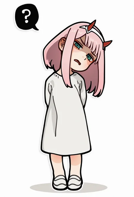 (sticker:1.2) by akai sashimi, oharu-chan, negative space,
very awa, masterpiece, highres, absurdres, newest, year 2024, year 2023, (full body shot:1.1),
1girl, zero two \(darling in the franxx\), jitome, face shadow, disgust, annoyed, outstretched arms with open hands, leaning backward, bending backward, facing to viewer, looking at viewer, (head tilt:1.3), (spoken question mark:1.1),
simple background, white background, black outline,
<lora:StickerNoobLocon_byKonan:1> <lora:add-detail-xl:0.5>, <lora:ponyv4_noob1_2_adamW-000017:0.33>, <lora:spo:0.85>, ,