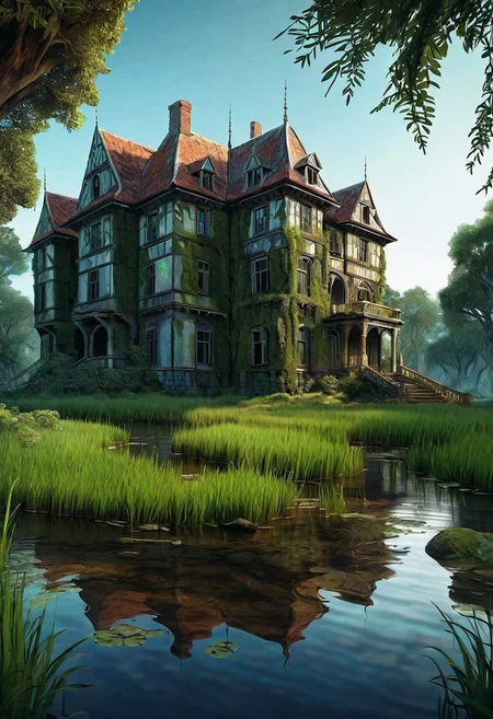 hd, 8k, masterpiece, award winning illustration  of an abandoned mansion covered with grass in a swamp, dungeons and dragons style, fantasy, group of adventurers outside, intricate details, heroic fantasy, spooky, fandist,