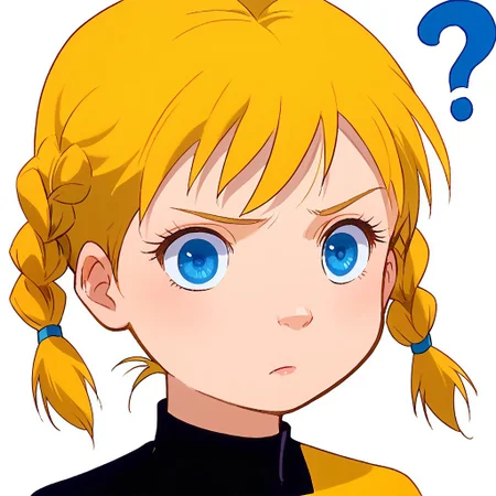 score_8, score_8_up, score_7_up, 1girl, solo, female focus, Katie_PP, blue eyes, blonde hair, twintails, short twintails, twin braids, Power Pack uniform, asymmetrical clothes, yellow bodysuit, black bodysuit, clagwimoth, confused, ?, portrait, simple background, white background