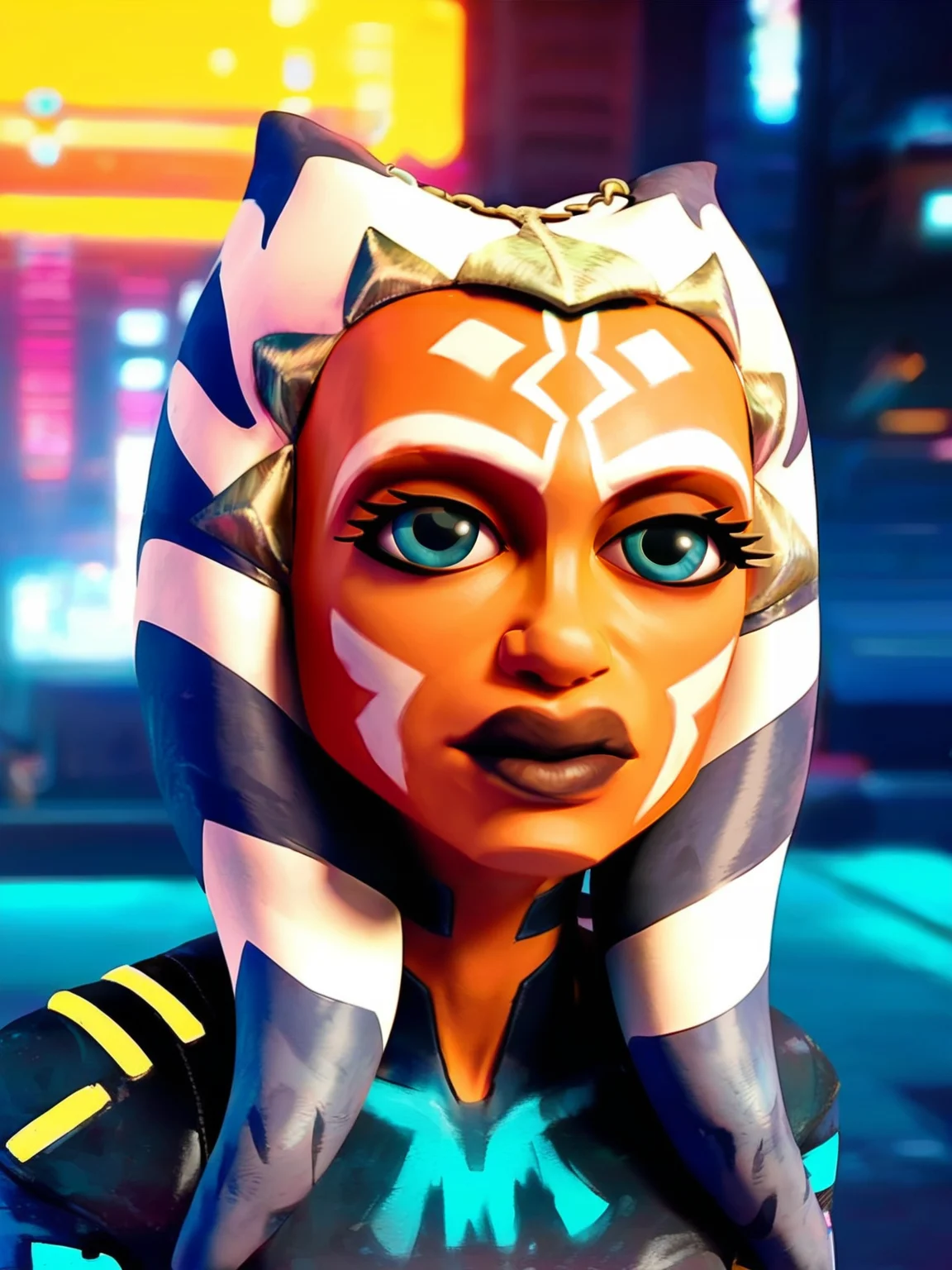 solo focus, <lora:Asoka_Tano:0.7> a_t, 1girl, orange skin, white and blue hair, tentacle hair, blue eyes, tattoo on face, dark lips, ((cyberpunk outfit)), night city background, score_9, score_8_up, score_7_up,