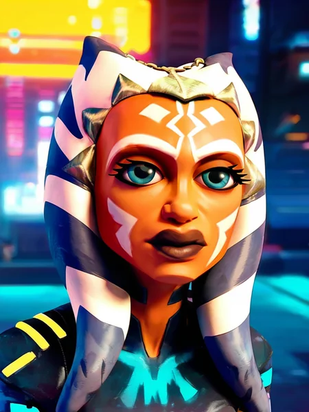 solo focus, <lora:Asoka_Tano:0.7> a_t, 1girl, orange skin, white and blue hair, tentacle hair, blue eyes, tattoo on face, dark lips, ((cyberpunk outfit)), night city background, score_9, score_8_up, score_7_up,