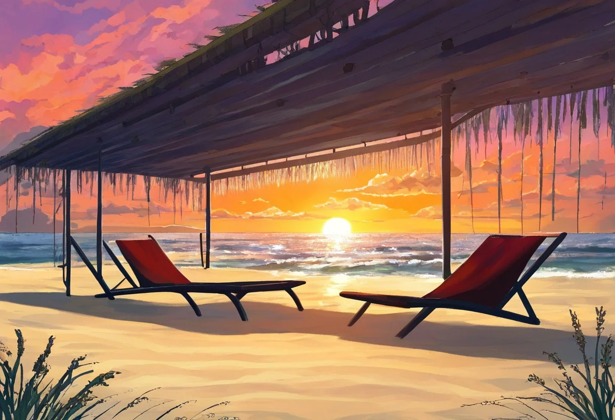 "beautiful evening beach scene on the southern coast of Russia in the style of 'Everlasting Summer', stunning red sunset, vivid red and orange hues in the sky, soft warm light reflecting off the gentle waves, a few lush green birch trees to the side, golden sandy shore, scattered seashells glistening in the fading light, calming and serene atmosphere, soft breeze rustling through the leaves, distant seagulls flying over the horizon, small bonfire with warm glow illuminating the sand, cozy beach chairs and a surfboard leaning against a birch tree, a couple of lanterns casting soft shadows, gentle lapping of waves on the shore, romantic and inviting ambiance, highly detailed, vibrant colors, ultra-high-definition, cinematic composition, digital painting, visual novel style, inspired by 'Everlasting Summer'"