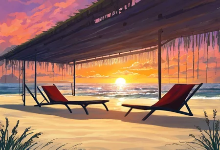 "beautiful evening beach scene on the southern coast of Russia in the style of 'Everlasting Summer', stunning red sunset, vivid red and orange hues in the sky, soft warm light reflecting off the gentle waves, a few lush green birch trees to the side, golden sandy shore, scattered seashells glistening in the fading light, calming and serene atmosphere, soft breeze rustling through the leaves, distant seagulls flying over the horizon, small bonfire with warm glow illuminating the sand, cozy beach chairs and a surfboard leaning against a birch tree, a couple of lanterns casting soft shadows, gentle lapping of waves on the shore, romantic and inviting ambiance, highly detailed, vibrant colors, ultra-high-definition, cinematic composition, digital painting, visual novel style, inspired by 'Everlasting Summer'"